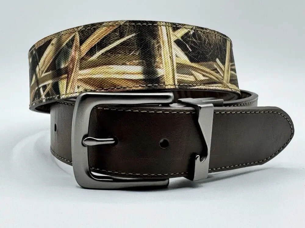 Men’s Mossy Oak Medium 34-36 Brown Black Leather Camo Canvas Reversible Belt